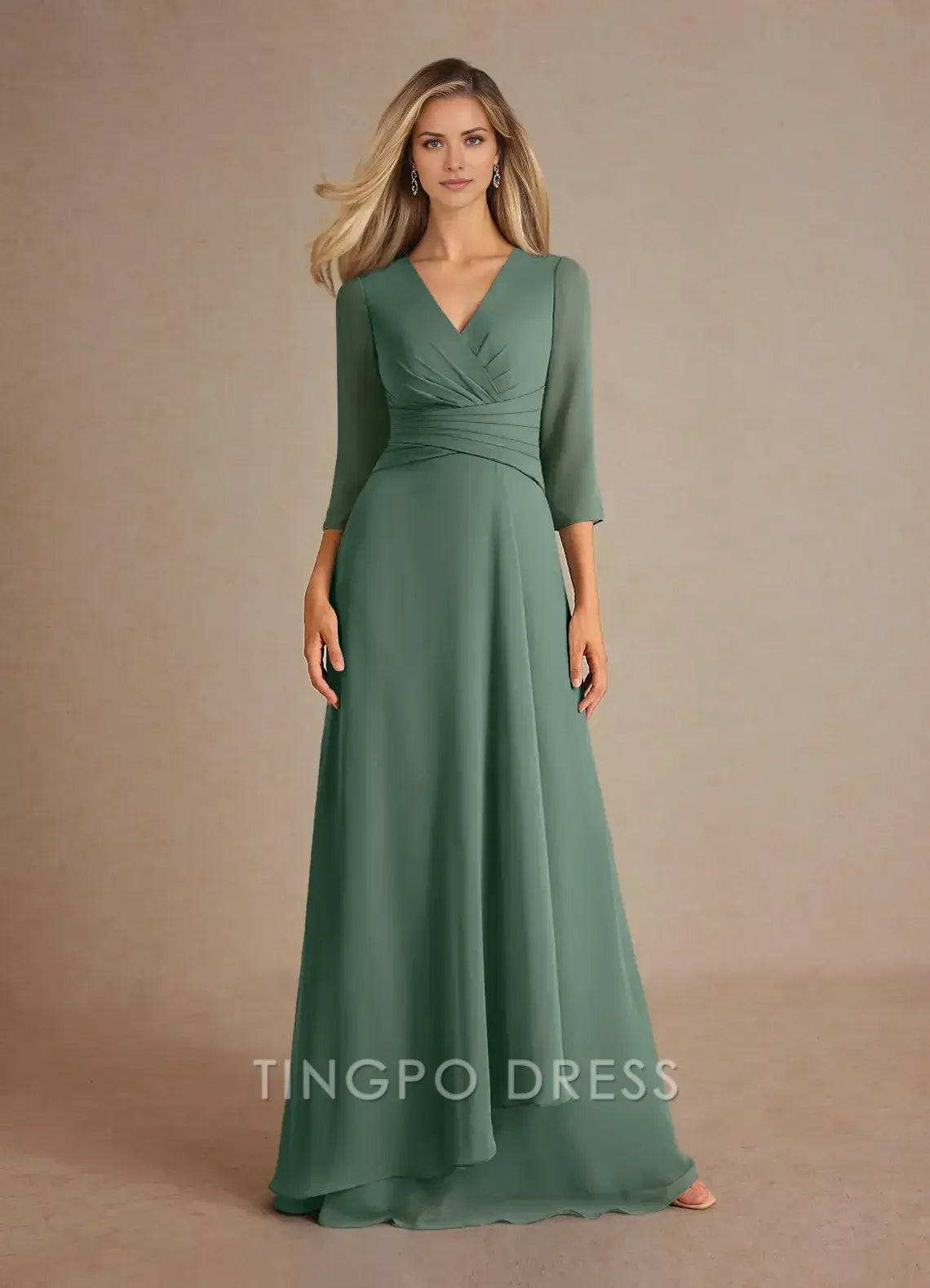 TingPo Wholesale Elegant V - Neck Chiffon Evening Gown with 3/4 Sheer Sleeves and Ruched Bodice: A Sophisticated Choice for Formal Events